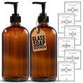 Sunrise Premium, 16 OZ Thick Amber Glass Soap Dispenser with Pump 2 Pack, Hand and Dish Soap Dispenser Set for Bathroom with 6 Waterproof Labels - color: Black Plastic Pump - Amber Glass
