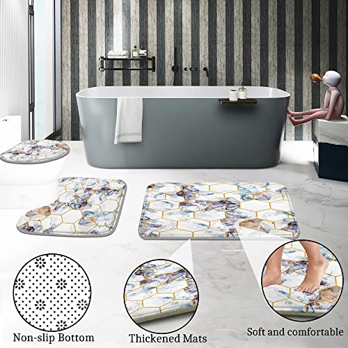 Poedist Shower Curtain Set with Rugs,Bathroom Accessory Set, Including Non-Slip Rugs,Toilet Lid Cover and Bath Mat, Waterproof Shower Curtain with 12 Hooks, Honeycomb Marble - color: White
