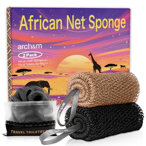 ARCH&M Authentic African Net Sponge with Knots 53", 2 Pack | Back Scrubber, Quick-Dry, Exfoliating Shower Loofah, Soft Mesh All Skin Types Daily Use, Travel-Friendly, For Women and Men - color: Black + Champagne
