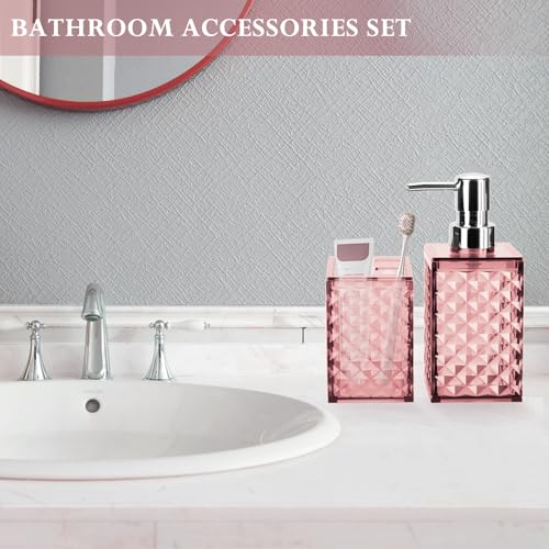 Bathroom Accessories Set 2 PCS, Pink Bathroom Accessories Include Soap Dispenser and Toothbrush Holder, Diamond Pattern Bathroom Set for Boho Bathroom Decor - color: Pink