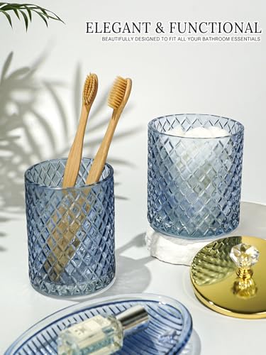 Haturi Blue Bathroom Accessories Set, 4Pcs Glass Bathroom Accessory Set Complete w/Lotion Soap Dispenser, Toothbrush Holder, Qtip Holder, Soap Dish, Blue Bathroom Decor Sets, Gift for Home Apartment - style: Navy Blue