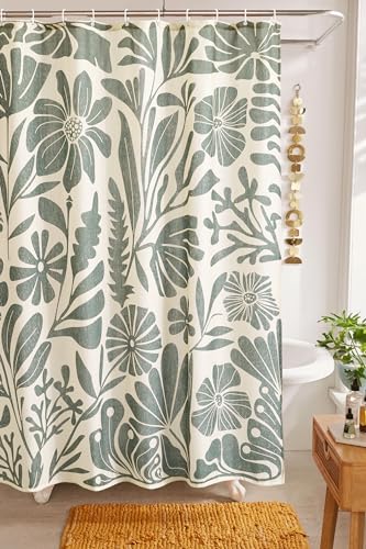 RoomTalks Vintage Floral Faux Linen Shower Curtain Extra Long 84 Inches - 210GSM Heavy Duty Modern Farmhouse Matisse Flowers Plants Botanical Shower Curtain Set Aesthetic Bathroom Decor - color: Beige and Greenish, size: 72"W x 84"L (Pack of 1)