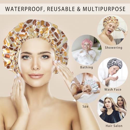 Shower Caps for Women, 4 PCS Elastic and Reusable Bath Caps, Double Layers Shower Cap Reusable Waterproof, Bathing Shower Caps, Environmental Bath Hair Protection Cap - Stone - color: Stone