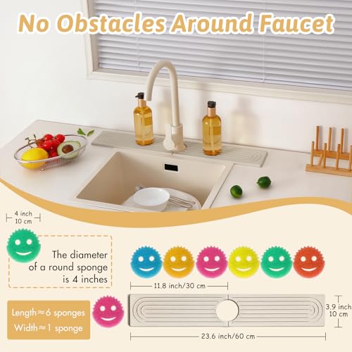 Quick Dry Stone Sink Splash Guard, 23.6" Extended Diatomaceous Earth Sink Absorbent Faucet Mat, Instant Drying Stone Tray for Kitchen & Bathroom Countertops, Aesthetic Home Decor Gift Women, Ash Grey - size: 23.6" x 3.9"