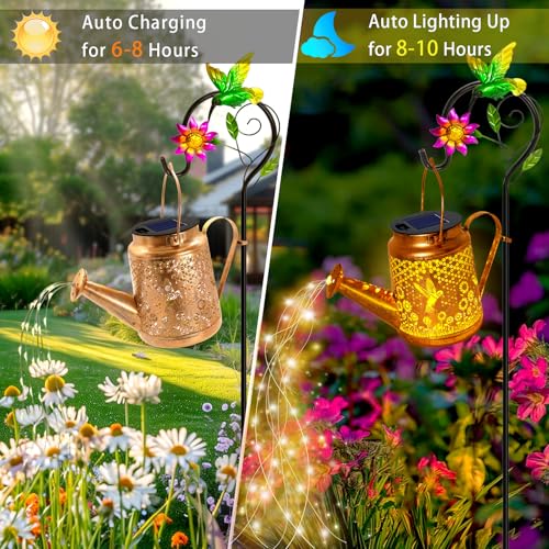 Hummingbird Solar Lights Outdoor Waterproof, Birthday Gifts for Christmas Mom Grandma Women, Solar Watering Can Lights with Shepherd Hook, Metal Hanging Lantern Garden Decor Yard Outside Patio Lawn - color: Hummingbird
