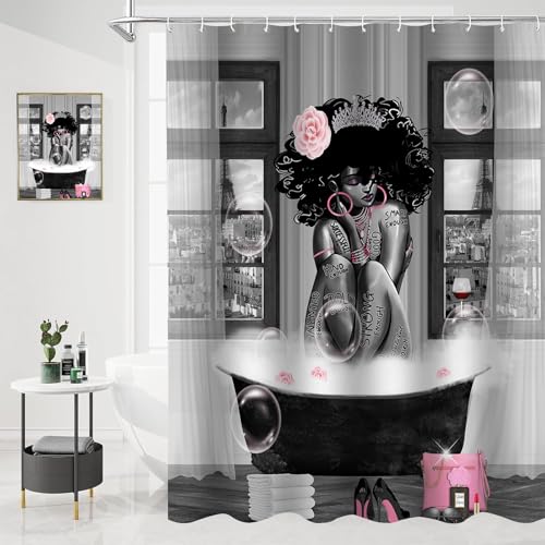5Pcs Black Girl Shower Curtain Set with Decorative Painting, African American Wall Painting Bathroom Sets with Shower Curtain and Rugs, Trendy Women’s Bathroom Pictures for Wall Art Decor - color: 5pcs Grey With Decor Painting