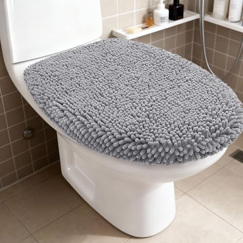 RUN HELIX Bathroom Toilet Lid Cover,Chenille Machine Washable Seat Covers, 17.5x15, Stays in Place Rubber Backing, Fits Most Round, Elongated and Oblong Lids, Accessories Decor, Light Grey - color: Light Grey, size: Lid 17.5"x15"