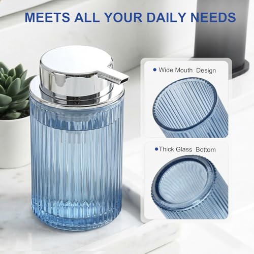 KASUNTING Blue Glass Foaming Soap Dispenser, Ribbed Foam Hand Soap Dispenser for Bathroom, 11 Fl Oz Refillable Foaming Pump Bottle with Black Pump, Modern Dish Soap Foam Dispenser - color: Blue Bottle+ Sliver Pump, size: Foam-1 Pack