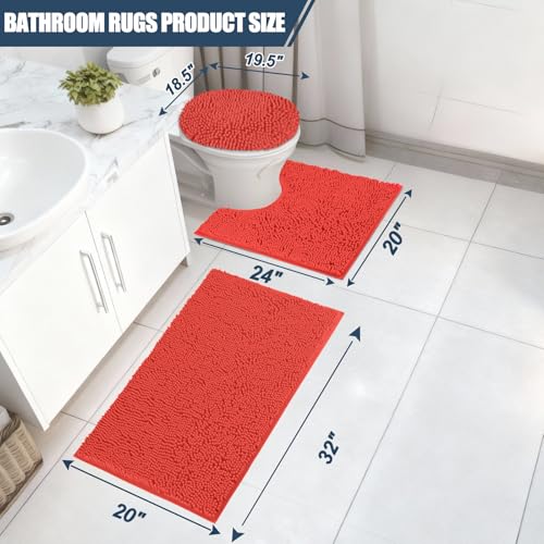 Bathroom Rugs Sets 3 Piece with Adjustable Toilet Seat Cover 19.5"x 18.5" Machine Washable Bath Rug Set with TPR Non Slip Rubber Backing Solid Bath Mat Set for Luxury Bathroom Decoration - color: Coral