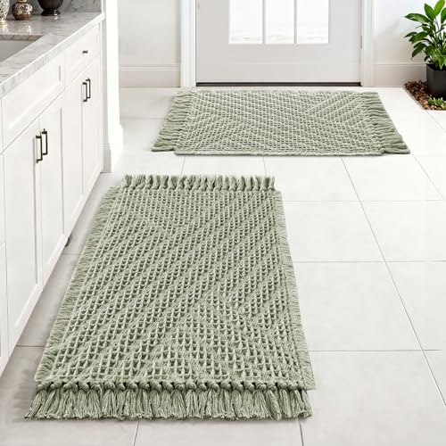 H.VERSAILTEX Waffle Bath Mat Super Absorbent Boho Bath Mat Non Slip Bath Rugs for Bathroom Floor Machine Washable Dry Fast Bathroom Rugs with Tassels (20 x 32 Plus 17 x 24 Inches, Sage) - color: Sage, size: 20" x 32" Plus 17" x 24"