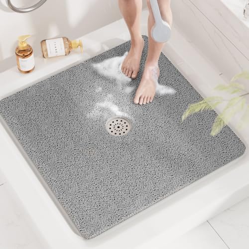 HITSLAM Square Shower Mat, 32 x 32 Inch Non Slip Bath Mat for Tub, Soft PVC Loofah Bathtub Mats with Drain Holes, Quick Drying Bathroom Stall Floor Mat, Bathroom Accessories Without Suction Cup, Grey - color: Grey, size: 32" x 32" (Square)