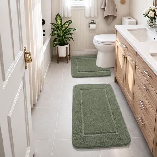 LOCHAS Bathroom Rug Set Sage Green, Soft Bath Rug Set 2 Piece, Toilet Mat U-Shaped 24x24 and 34x21 Bath Rugs, Quickly Dry Mats for Bathroom, Tub, Washable, Super Absorbent Floor Mat - color: Sage Green, size: 34" x 21" Plus 24" x 24" (U-Shape)