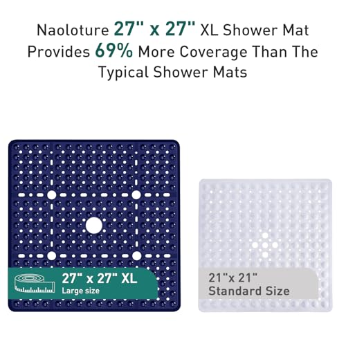 Large Square Shower Mat 27 x 27 Inch Navy Blue, Non Slip Shower Bathtub Mats for Inside Shower with Big Suction Cups Drain Holes, Anti Slip Bathroom Floor Stall Mats, Easy Clean, BPA-Free - color: Navy Blue