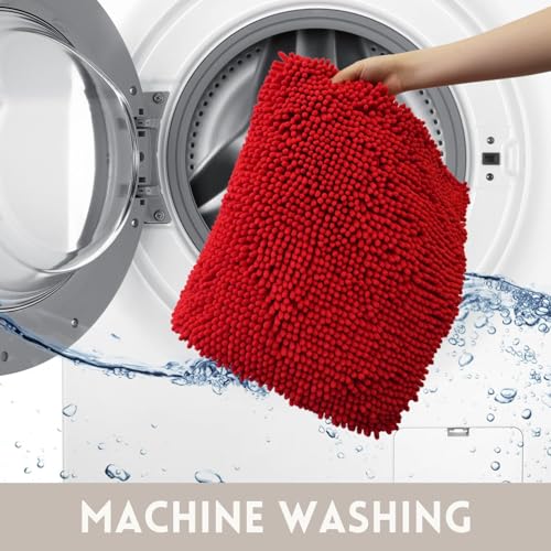 Chenille Bath Rug, Ultra Soft Absorbent Bathroom Mat, Non-Slip PVC Backing, Machine Washable, 23x14, Red - color: Red, size: 23" x 14"