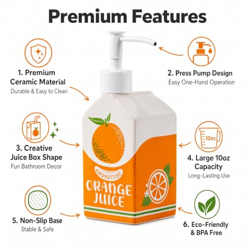 Ceramic Orange Juice Bottle Soap Dispenser, Refillable Lotion Pump Bottle for Bathroom Kitchen Dish Soap | Cute Funny Design, Refillable, Reusable, 300ml/10oz - color: Juice