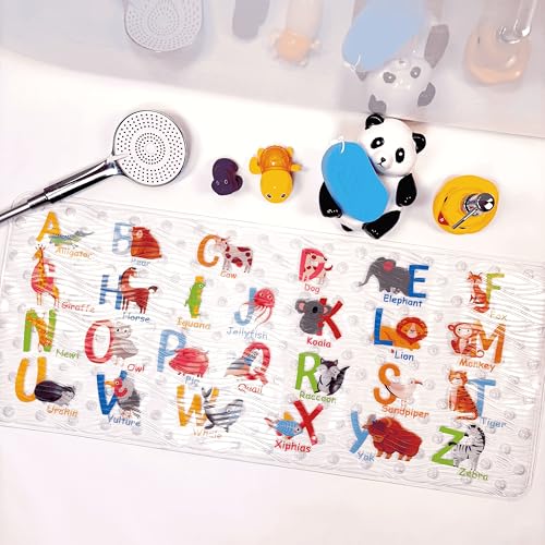 BEEHOMEE Cartoon Non Slip Bathtub Mat for Kids - 34x15 Inch XL Large Size Anti Slip Shower Mats for for Toddlers Children Baby Floor Tub Mats (Alphabet)