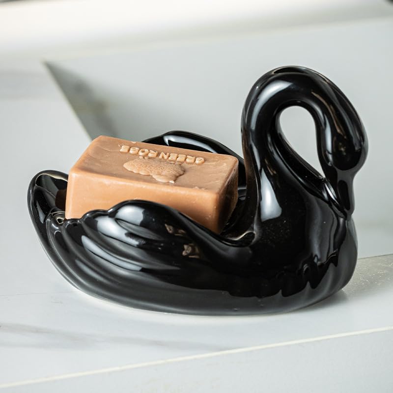Draining Soap Dish, Elegant Swan Shape, Fluted Design, Cute Ceramic Tray(Black) - color: Black