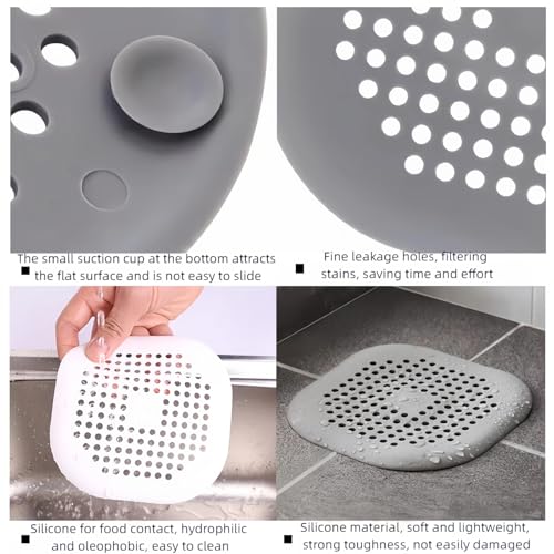 Upgraded Silicone Shower Drain Hair Collector, 2-piece Square Drain Cover with Strong Suction Cup, Anti Clogging Hair Filter for Bathtub, Bathroom Shower, and Kitchen Sink, Easy to Clean and Reuse - color: Gray