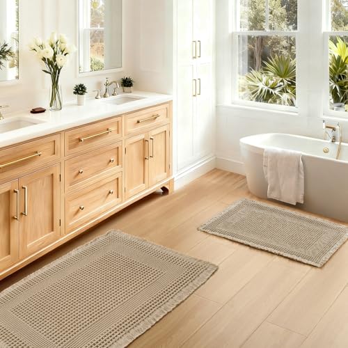 JIUZHEN Set of 2 Waffle Bath Mats Super Absorbent Bath Mat Non Slip Bathroom Rugs for Bathroom Floor Dry Fast Washable Boho Rugs for Beside Tub, 16" x 24" +20" x 32", Loop-Brown - color: Loop-brown, size: 16"x24" + 20"x32"