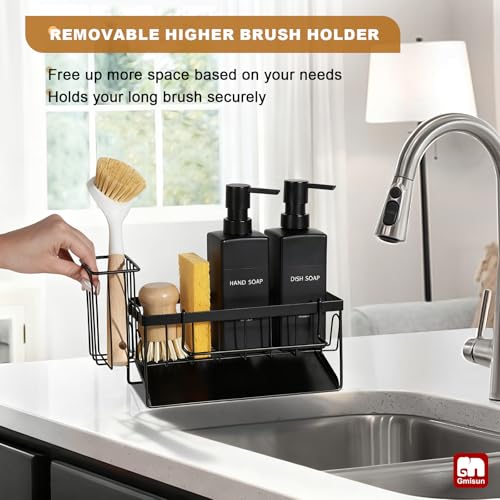 GMISUN Dish Soap Dispenser, 12 fl oz / 350 ml Dual Kitchen Soap Dispensers with Sponge Holder, Customized Matte Black Kitchen Soap Dispenser Set, Modern Hand and Dish Soap Bottle Set Removable - color: Black Bottle + Black Rack
