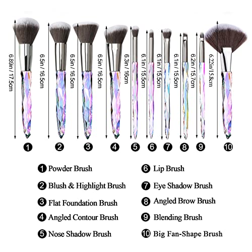 Kingtree Crystal Makeup Brush Set, 10PCS Sparkling Makeup Brushes Premium Synthetic Bristles Foundation Blush Concealer Eyeshadow Make Up Brush for Women Girls - color: D