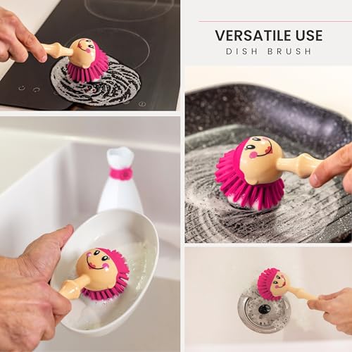 Vigar Dolls April Dish Brush with Ergonomic Handle and Dres-shaped Storage Holder - Scrub Brush for Pans, Pots, Kitchen Sink Cleaning, White, Pink - color: White, Pink