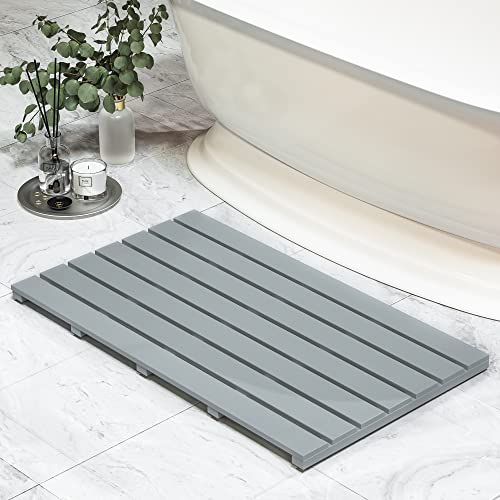 Bamboo Wooden Bath Floor Mat for Luxury Shower - Non-Slip Bathroom Waterproof Carpet for Indoor or Outdoor Use (Bluish Grey,31.3 x 18.1 x 1.5 Inches) - color: Grey, size: 31.3" x 18.1" (Rectangular)