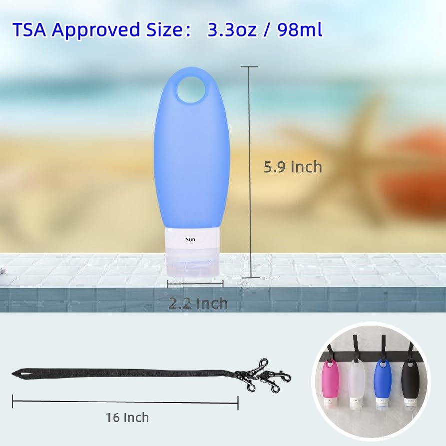 Gym Refillable Bottles Leak Proof Camping Travel Containers with Shower Lanyard,3.3oz TSA Approved Squeezable Silicone Travel Tube Set for Gym Shampoo Lotion Soap - color: 5 Pack: 3.3oz 4C + Shower Lanyard