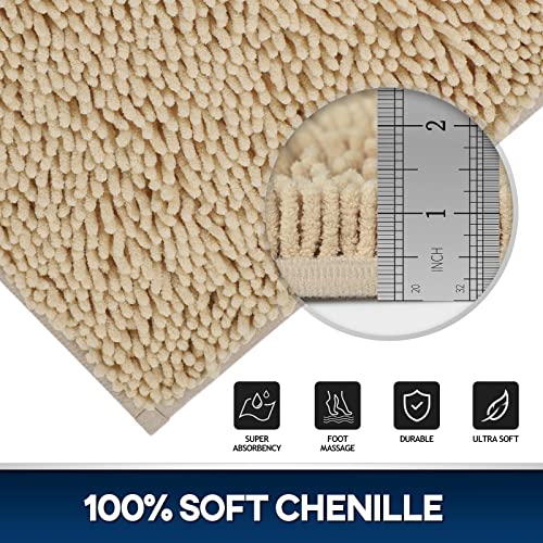 TREETONE Chenille Bath Mat 3 Pieces Bathroom Rugs Set, 20x20 Inches U-Shape Contoured Toilet Mat & 20x32 Inches Rug & Lid Cover,Water Absorbent Plush Rugs for Tub Shower & Bath Room -Beige - color: Beige, size: Set of 3-Medium 20" x 30"/Contour/Lid Cover