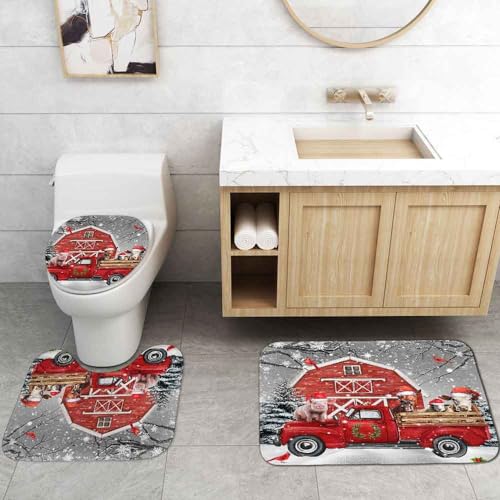 4PCS Christmas Shower Curtain Sets with Rugs, Waterproof Fabric Shower Curtain, Funny Farm Animal Pig Donkey Cow Sheep Cardinal Red Truck Barn Xmas Tree Snowflake Holiday Winter Bathroom Decor - color: Funny Farm Animals