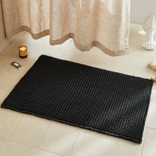 TYUU Black Bathroom Rug, Waffle Bath Mat Non Slip Washable Super Absorbent Quick Dry Boho Farmhouse Bathroom Decor, 36"x24"/ 3'x2' Black - color: Black, size: 2' X 3' (Rectangular)