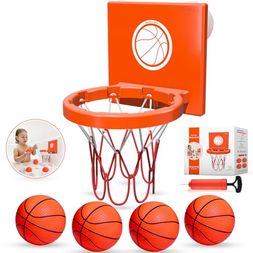 MARPPY Bath Toys - Bathtub Basketball Hoop for Kids, Toddlers - Suction Cup Basketball Hoop and 4 Soft and No Hole Balls - Baby & Toddler Mini Basketball Hoop - Boys & Girls - color: Orange 4 Balls (With Stripes)