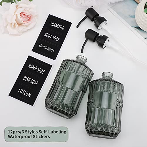 Segbeauty Glass Soap Dispenser Set, 2 Pack 15.2oz Farmhouse Kitchen Decor Stainless Steel Pump Bottles, 450ml Refillable Shower Bottle Hand Soap Dispenser for Modern Home Bathroom Western Decor Green - color: Green, size: 15.2oz/450ml