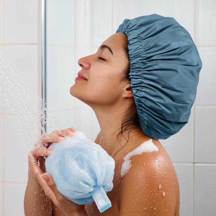 Edoneery Reusable Shower Caps for Women, Waterproof Long Hair Bonnet | Washable Design, Wide Elastic Band, Large Fit, Holds Long Hair, Braids Friendly, Bath Accessories, Spa, Travel - color: Haze Blue