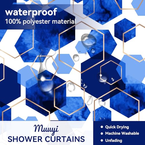 4Pcs Blue White Geometric Shower Curtain Set, Neutral Modern Art Deco Shower Curtain with Hooks, Elegant Trendy Simple Bathroom Sets with Shower Curtain and Rugs, 71 * 71in - color: Blue