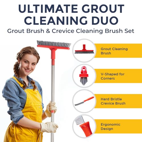 Grout Brush with Long Handle & Hard Bristle Crevice Cleaning Brush, Grout Cleaner for Tile Floors, Floor Scrubber for Tile Grout Line, Household Use, Multipurpose Gap Cleaning Tools by Foxtrot Living - color: Crimson