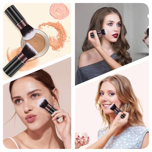 Retractable Makeup Brushes, 2 Pack Travel Kabuki Blush Makeup Brush | Face Powder Foundation Brushes for Blending Liquid, Blush, Bronzer, Buffing, Flawless Cosmetics, with Aluminum Handle, Cover - color: Brown&Black