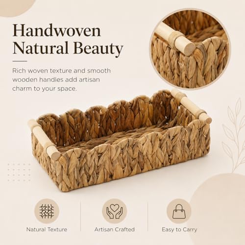 Scalloped Edge Toilet Paper Basket, Water Hyacinth Wicker Basket for Back of Toilet Tank, Long Narrow Bathroom Counter Organizer with Wooden Handles for Vanity, Shelf, Storage