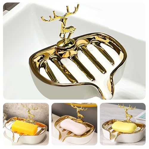 Soap Dish, Luxurious Ceramic Soap Dish Self Draining Soap Holder Tray Easy Cleaning Soap Saver for Shower Bathroom Kitchen Sink Bathtub Hotel Travel（White Painted in Gold） - color: White Painted in Gold