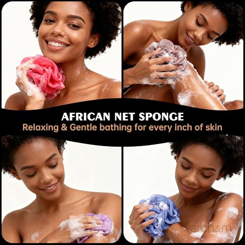 ARCH&M African Net Sponge Authentic with Knots, 2 Pack 53" Long | Exfoliating Back Scrubber, Quick-Dry Shower Mesh Loofah, Daily Use For Body & Face, Gentle for All Skin Types - color: Purple + Champagne