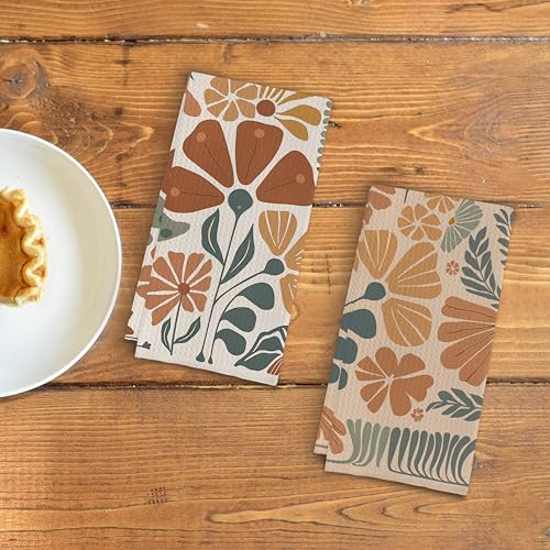 Abstract Boho Floral Kitchen Towels Set of 2, 70s Retro Groovy Dish Towels for Kitchen, Vintage Boho Hand Towels for Bathroom, 16x24 Inches - color: Patterned