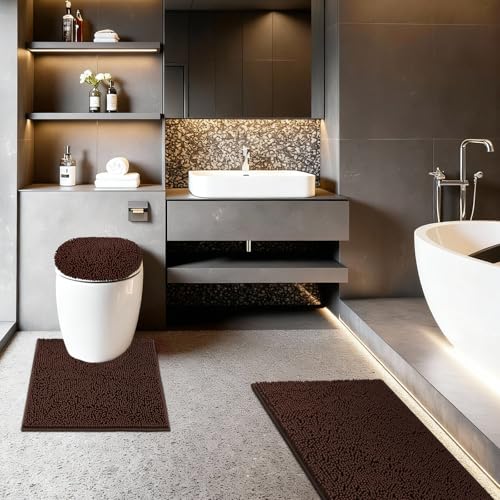 Bathroom Rugs Sets 3 Piece with Adjustable Toilet Seat Cover 19.5"x 18.5" Machine Washable Bath Rug Set with TPR Non Slip Rubber Backing Solid Bath Mat Set for Luxury Bathroom Decoration - color: Brown