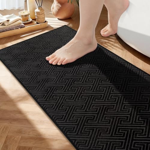 YIHOUSE Black Bathroom Runner Rugs 17"x47", Quick Dry Non Slip Long Bath Rug, Absorbent Machine Washable Thin Bath Mat for Restroom Floor Tub Laundry Room Home Decor - color: Black, size: 1'5" x 3'11" (Rectangular)