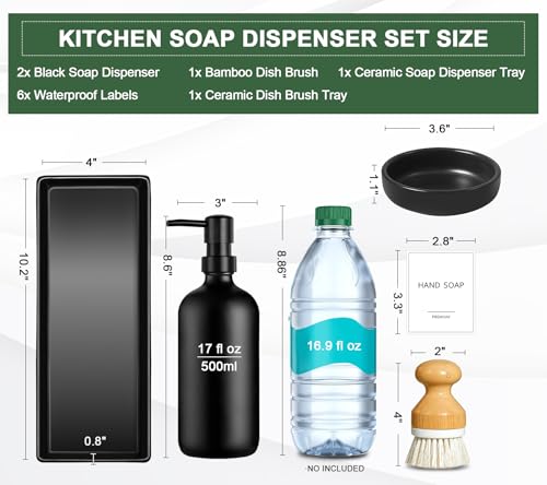 GMISUN Kitchen Soap Dispenser Set, 17 fl oz Dish Soap Dispenser with Ceramic Tray & Bamboo Brush for Kitchen, 2Pcs Matte Black Glass Hand and Dish Soap Dispenser Set, Refillable Soap Bottle Set - color: Black Bottles + Black Pumps
