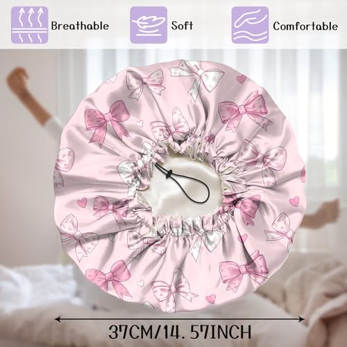 Luxury Shower Cap Silk Satin Lined Waterproof Reusable Adjustable Elastic Dry Hair Bathing Caps Cute for Women Girls-Pink Bowknot - color: C-6-Pink Bowknot