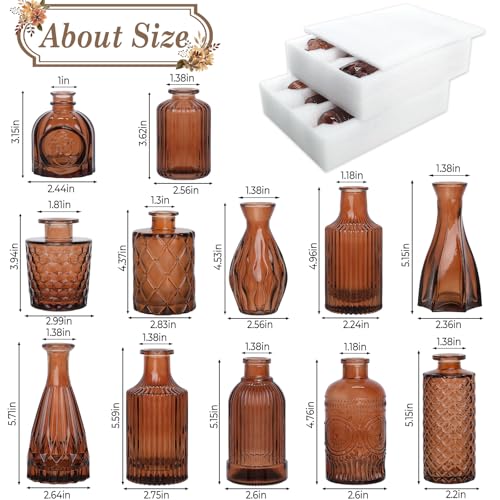 TBWIND 12-Piece Glass Bud Vase Set – Small Caramel Coffee Brown Etched Glass Vases with Unique Shapes and Weighted Base for Windowsills, Bathrooms, and Table Centerpiece Décor - color: Brown-12pcs, size: 12Pcs