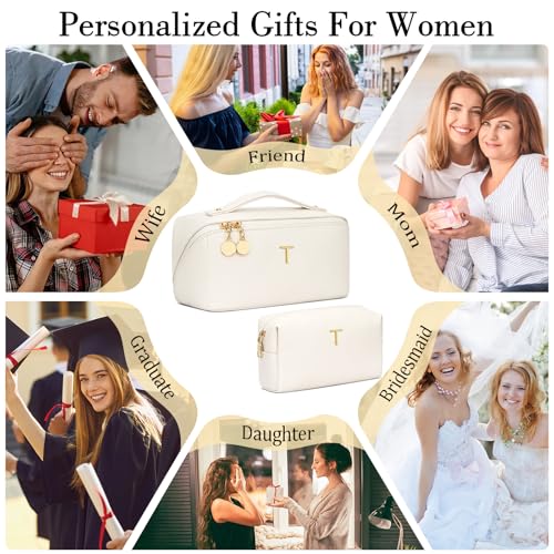 Birthday Gifts for Women Teen Girl, Personalized Initial Makeup Organizer Bag Set, Open Flat Travel Cosmetic Bag With Clear Divider and Handle(Beige,T) - color: Beige, style: T
