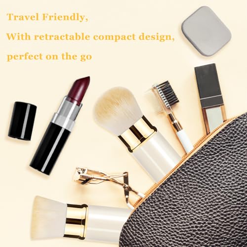 Retractable Kabuki Makeup Brush 2 Pack, Travel Powder Makeup Brush | Face Blush Brushes for Blending Liquid, Blush, Bronzer, Buffing, Foundation, Flawless Cosmetics, with Aluminum Handle, Cover - color: White