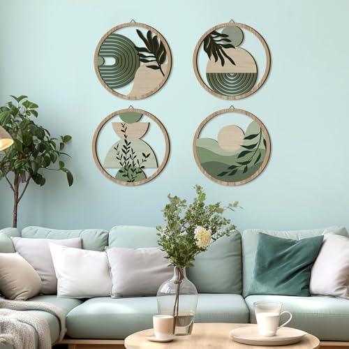 TOARTi 4 Pieces Green Botanical Wooden Wall Art Bohemian Hanging Art Farmhouse Geometric Wooden Wall Decor Aesthetic Tropical Plant Artwork Boho Minimalist Wall Decor for Bedroom Living Room - color: Boho Wooden Wall Art 2