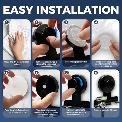 Suction Cup Razor Holder for Shower,Heavy-Duty 7KG Suction Hooks for Razor,Towel,Loofah,Removable Damage-Free Metal Shower Hook,Shaver Holder,2 Pack(Matte Black) - color: Matte Black